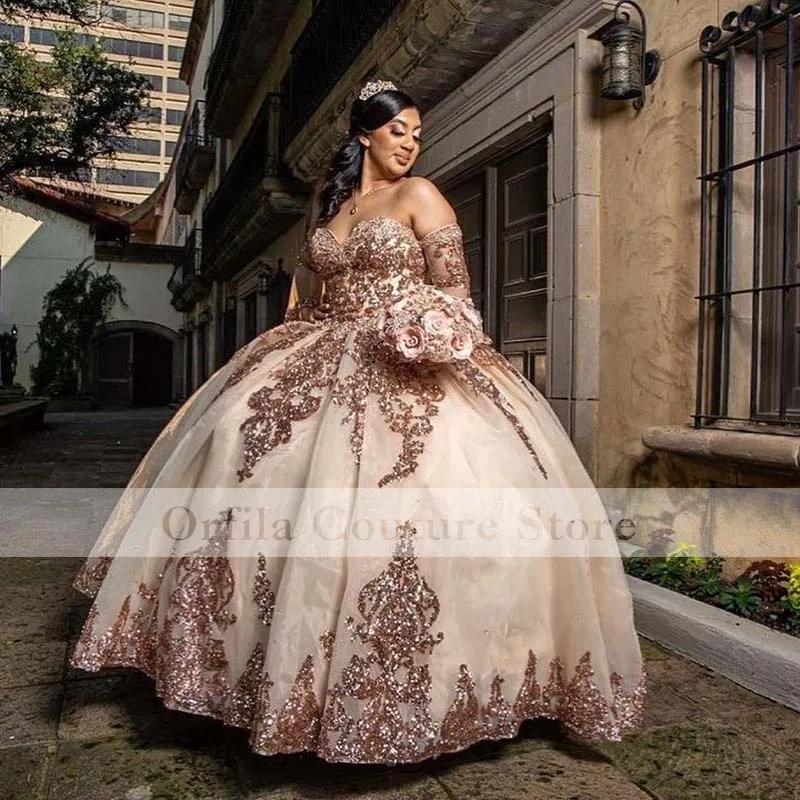 Vestido de quinceañera brillante de oro rosa, Mangas desmontables, apliques de lentejuelas, dulce 16, ropa de fiesta