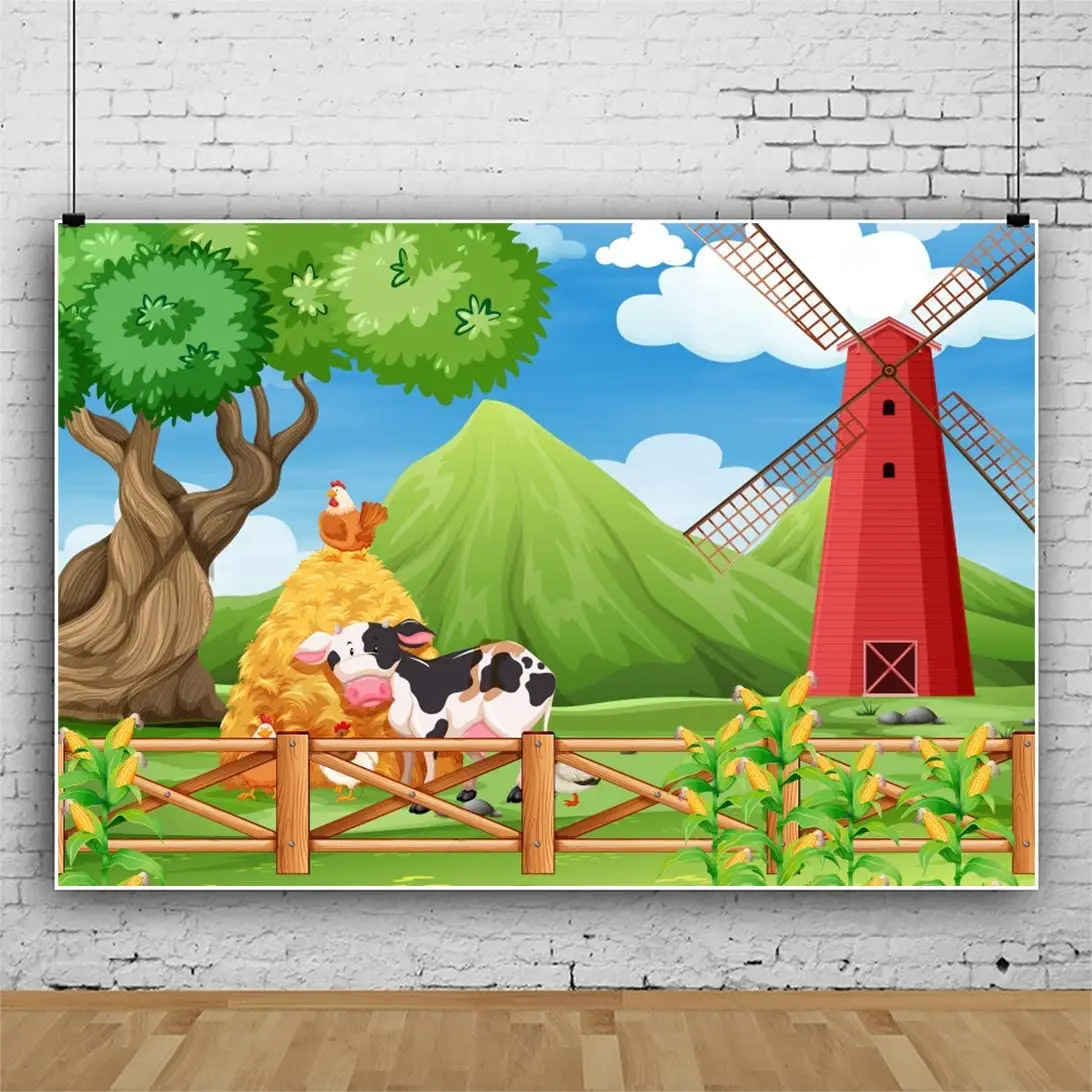 

Cartoon Farm Photography Backdrop Kids Happy Birthday Party Hacienda Cute Cow Chicken Tree Mountain Blue Sky Background Poster