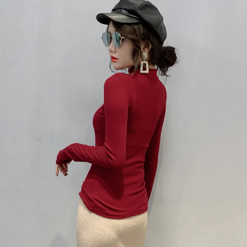 Sexy Hallow Out Cotton Women Tee Shirt 2024 Spring Long Sleeve Slim T-Shirt Stand Neck Tshirt Casual Korean Ladies Tops Clothes