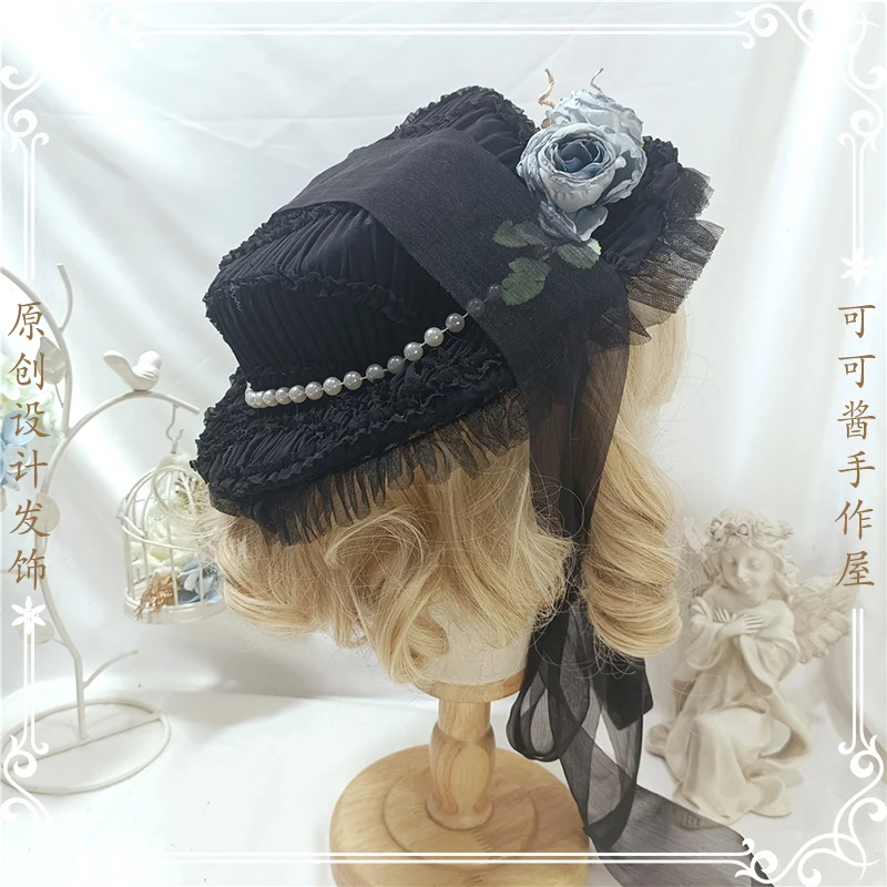 Original Lolita Elegant European Style Top Hat Flat Top Court Rococo Style Vintage Antique Gorgeous Hat