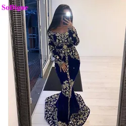 SoDigne Mermaid Caftan Evening Dresses Arabic Long Sleeve Velvet Lace Prom Gowns Karakou Formal Party Dress 2021