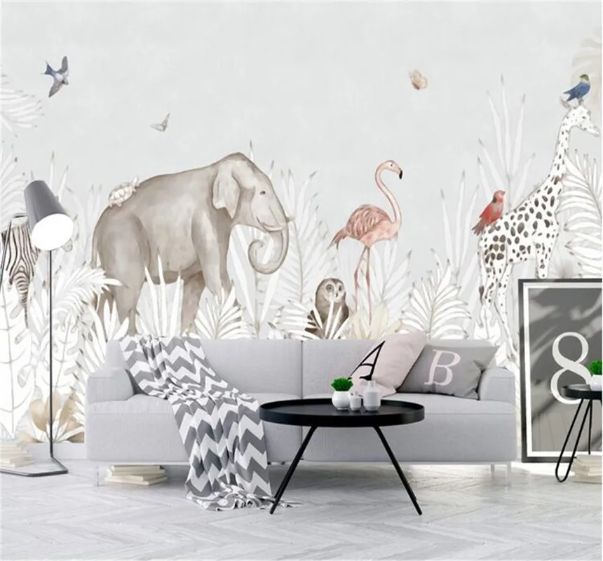 Xuesu Customized large 8D wallpaper wall cloth simple hand-painted small fresh elephant giraffe European TV background wall