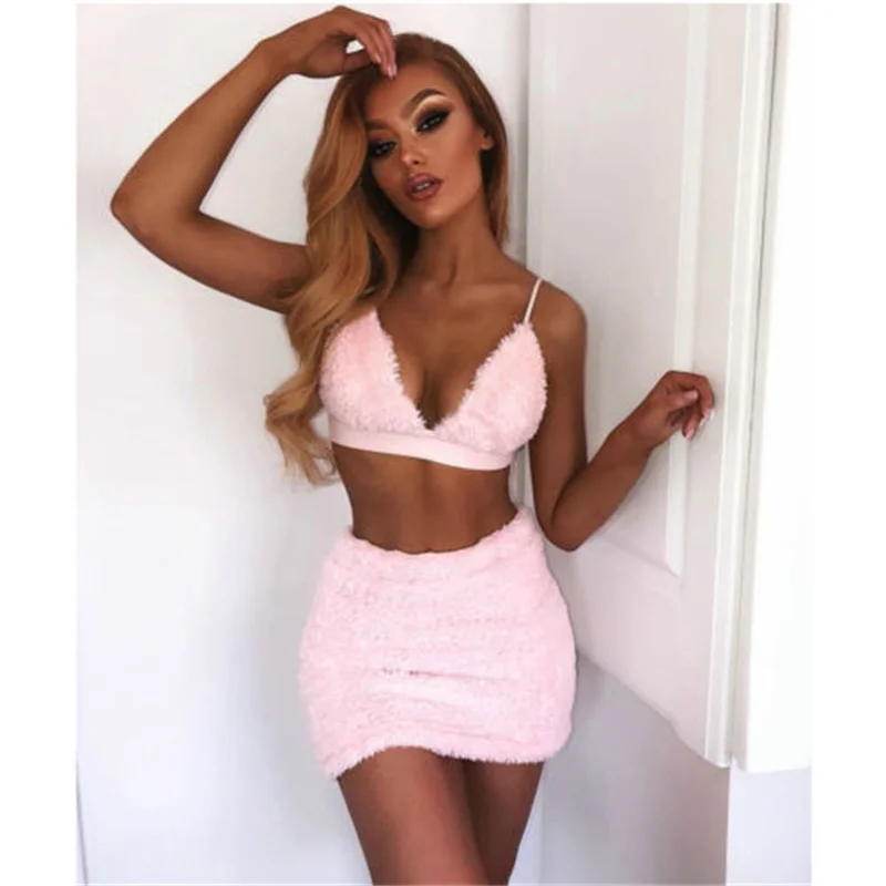 CHRONSTYLE 2Pcs Women Suits Sexy Off Shoulder Deep V-neck Strap Tube Bra Crop Tops Fur High Waist Slim Mini Pencil Skirts 2021