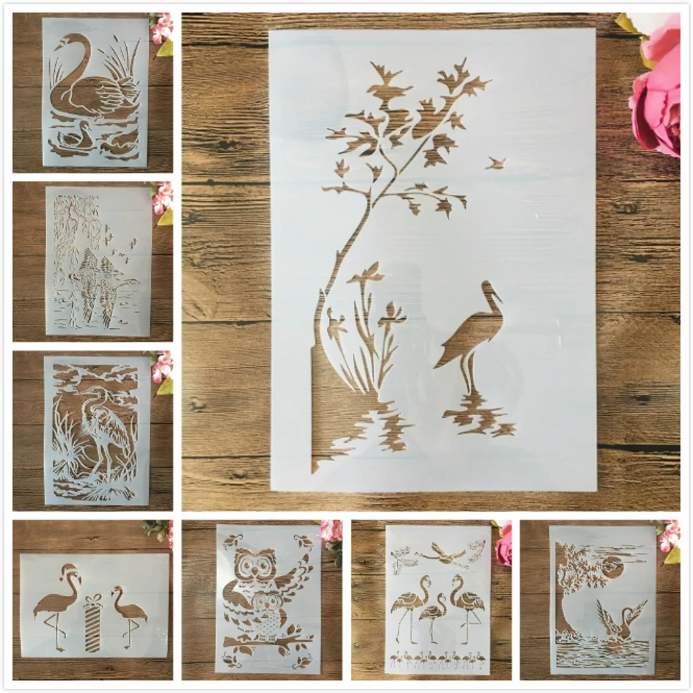 

8Pcs/Lot A4 29cm Crane Flamingo Swan Bird DIY Layering Stencils Wall Painting Scrapbook Coloring Embossing Album Decor Template