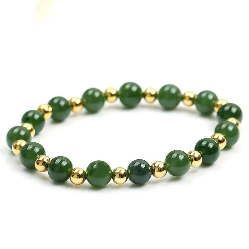 Genuine 14K Yellow Gold 4mm Bead with 10mm Natural Oil-Green Jadeite Bead Bracelet Length from 5