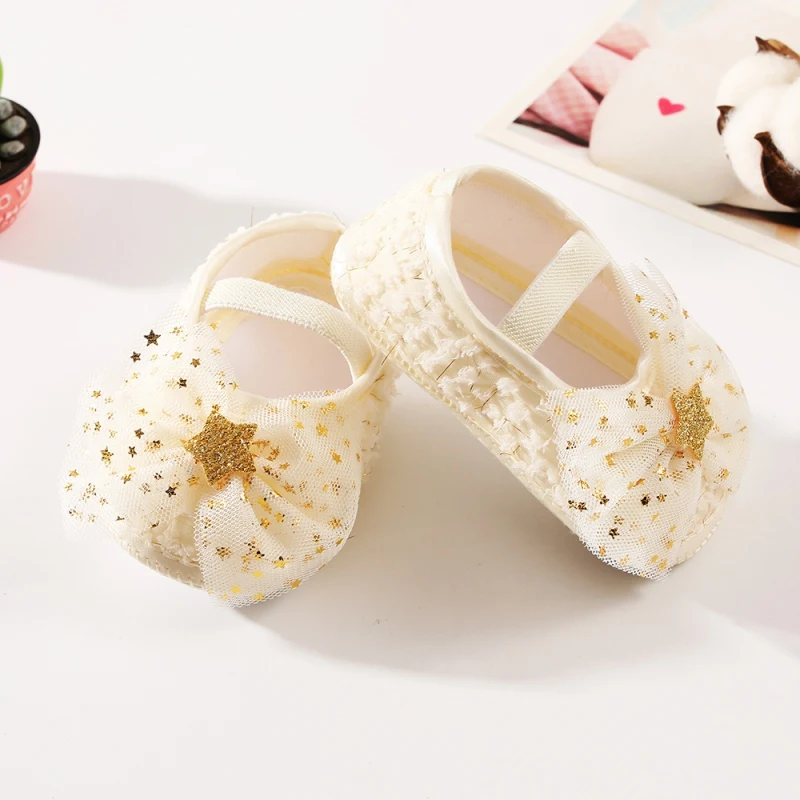 Toddler Shoes Baby Girl Sweet Princess Shoes Star Net Yarn Bowknot Crib  Soft Sole Newborn Shoes Headband Set