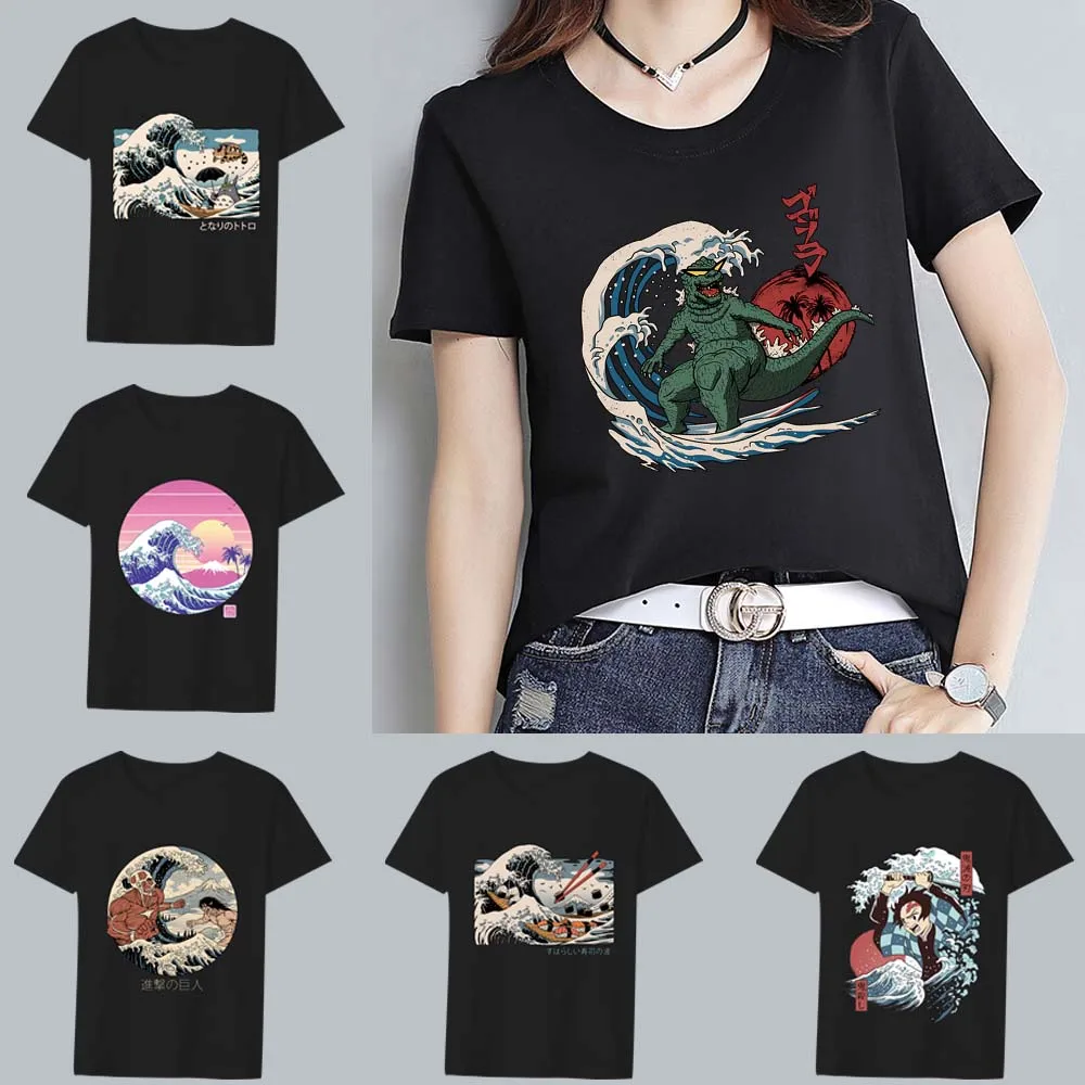 Summer Fashion Women's ese All-match T-shirt Anime Wave Print Series Shirt O-neck Comfortable Slim Soft Black Ladies Top