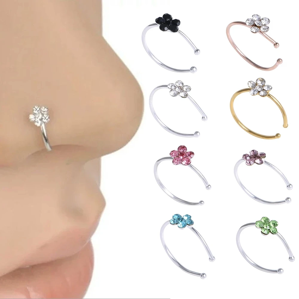 

1pc Stainless Steel Fake Piercing Crystal Flower Nose Hoop Nose Ring Cartilage Ring Helix Tragus Piercing Woman's Jewelry