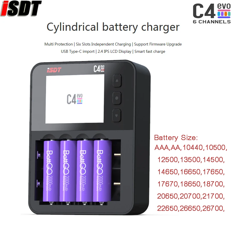 

ISDT C4 EVO Smart Battery Charger with Type-C QC3.0 Output for AA AAA Li-ion Battery with IPS Display Screen and Fire Prevention