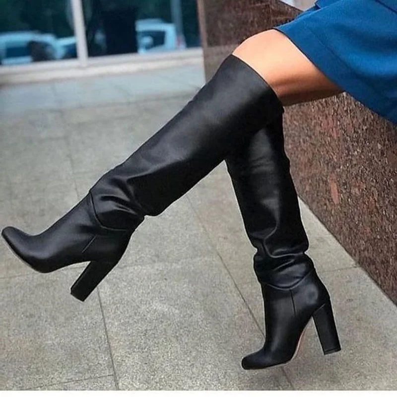 Plus Size 34-47 Women Knee High Boots Thick High Heel Woman Pointed Toe Boots Pleated Female Winter Tall Boots Runway Stage