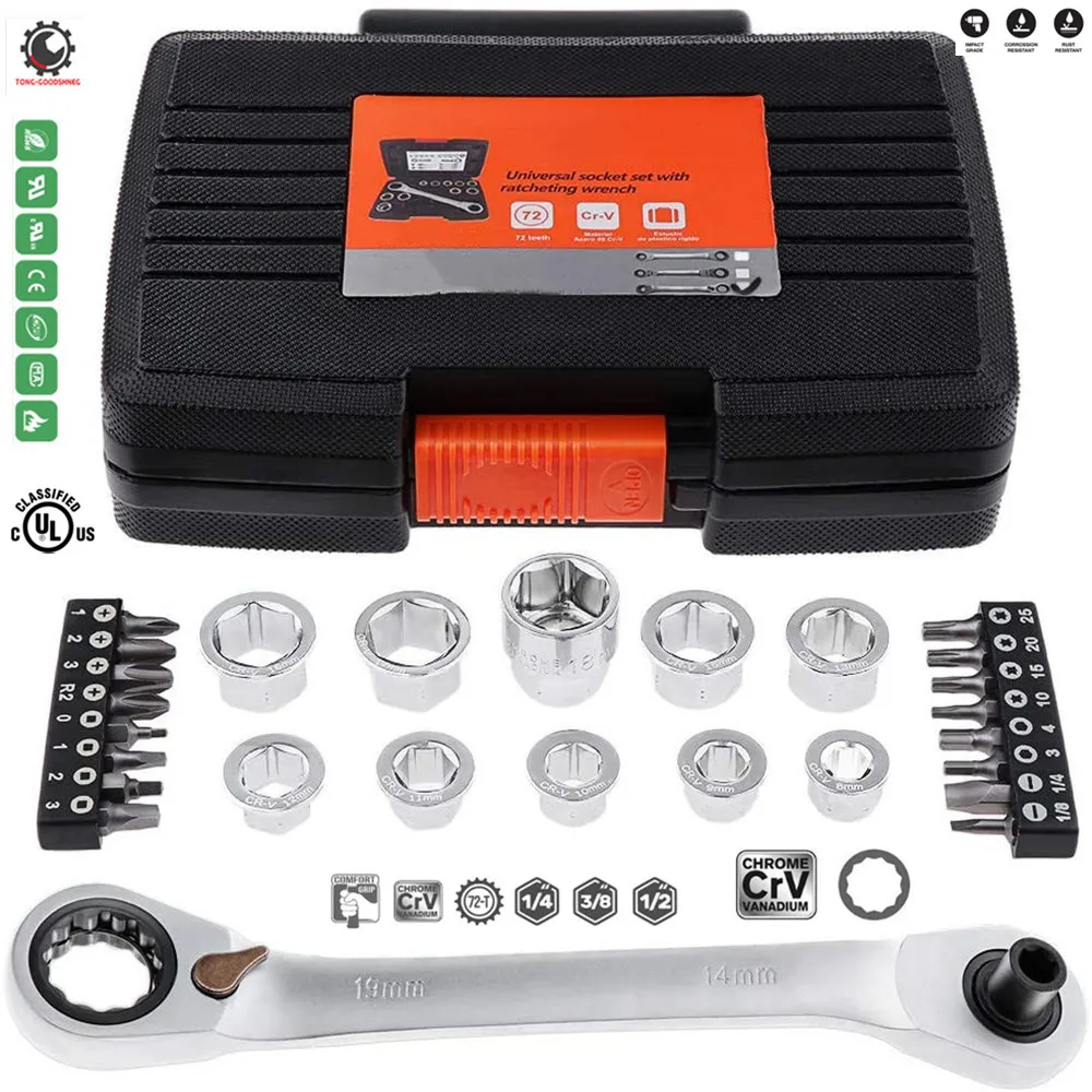 

Ratcheting Wrench Set 27 piece Double Box Wrench Screwdriver 8-19mm Multifunction Polished with Sockets Hex Bits Set,Home Repair