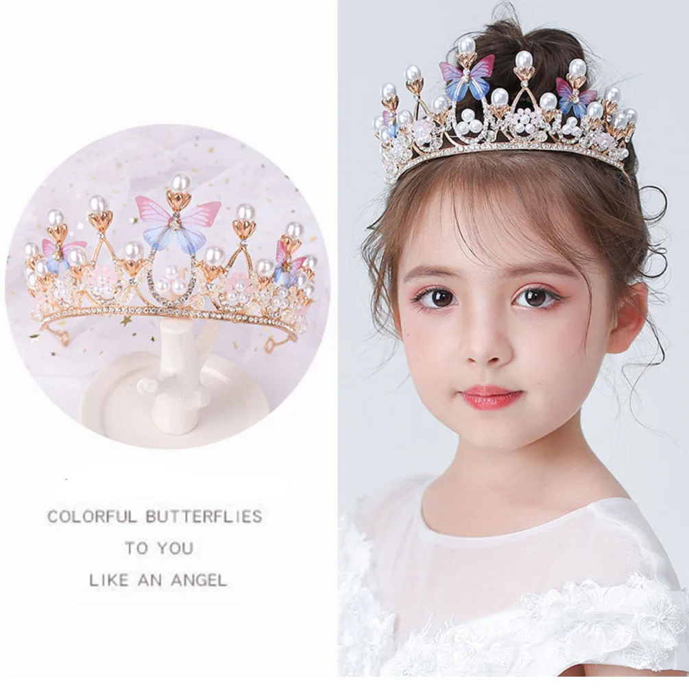 Fashion Crystal Princess Crown Rhinestone Tiara for Girl Birthday Wedding Model Catwalk Queen Crown Pearl Butterfly Hair Jewelry