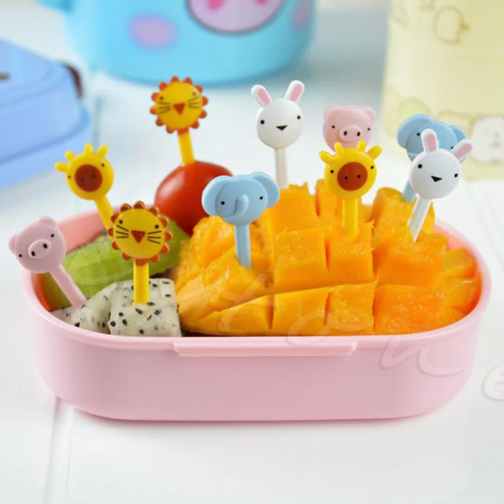 10Pcs MINI Kawaiiสัตว์ฟาร์มการ์ตูนส้อมผลไม้ไม้จิ้มฟันป้ายกล่องอาหารกลางวันขายส่ง & Dropship