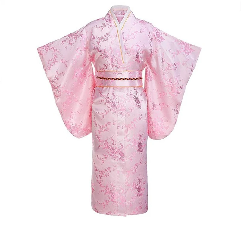 Red Print Flower Young Lady Japanese Traditional Kimono Bathrobe Gown Full Sleeve Evening Party Prom Dress Satin bride robe