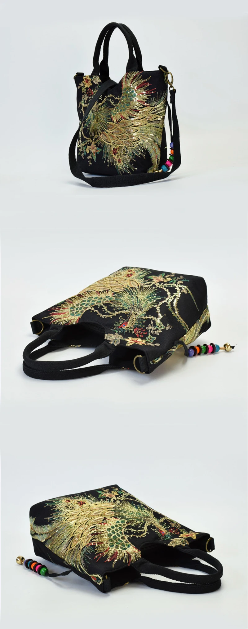 Einkaufstasche mit Pailletten im Ethno-Stil, Handtaschen mit Pfauenstickerei, Vintage-Umhängetasche aus Segeltuch – Detail 7