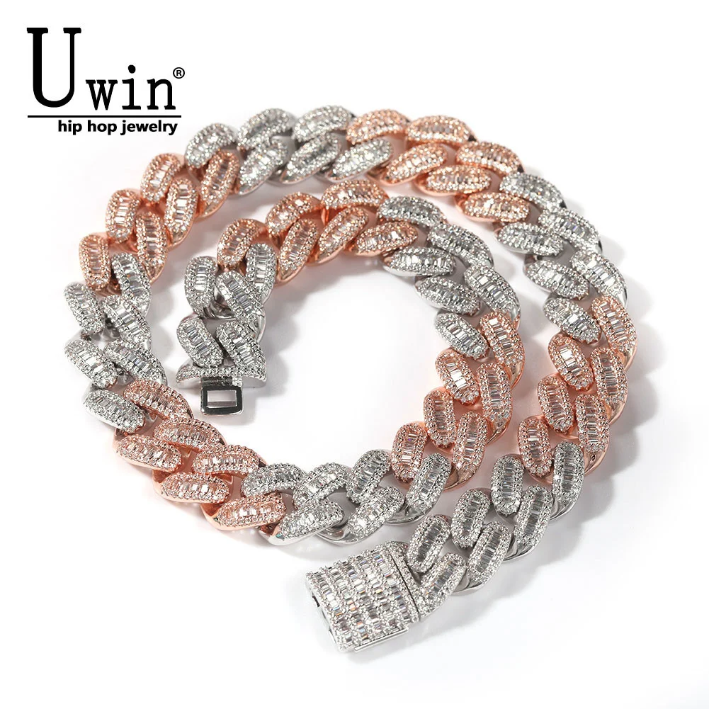 Uwin 15mm Baguette Cuabn Chain Prong Setting 2 Colors Miami Choker Iced Out Chain Bling CZ Necklace Hiphop Jewelry