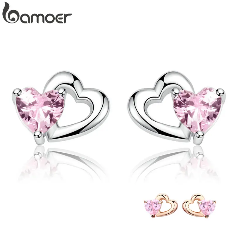 BAMOER 925 Sterling Silver Double Heart to Heart Pink CZ Stud Earrings for Women Brincos Fine Jewelry Bijoux SCE090