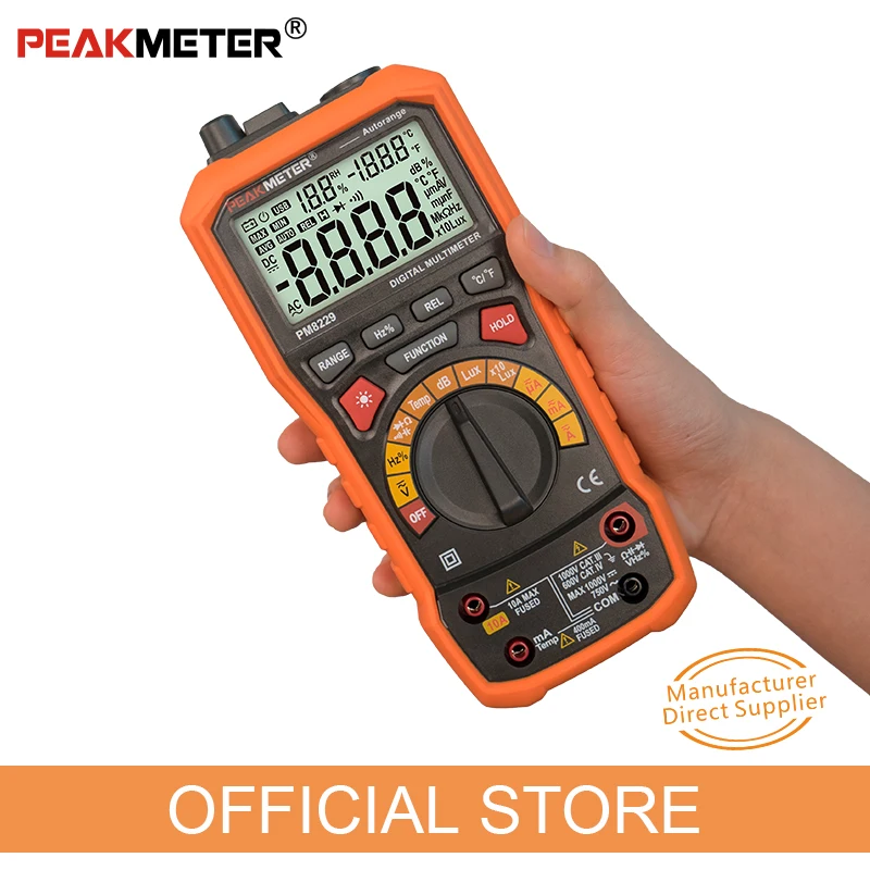 PEAKMETER PM8229 5 in 1 Auto Multimetro Digitale Con Multi-funzione di Lux Livello Sonoro Frequenza di Umidità di Temperatura del Tester del Tester