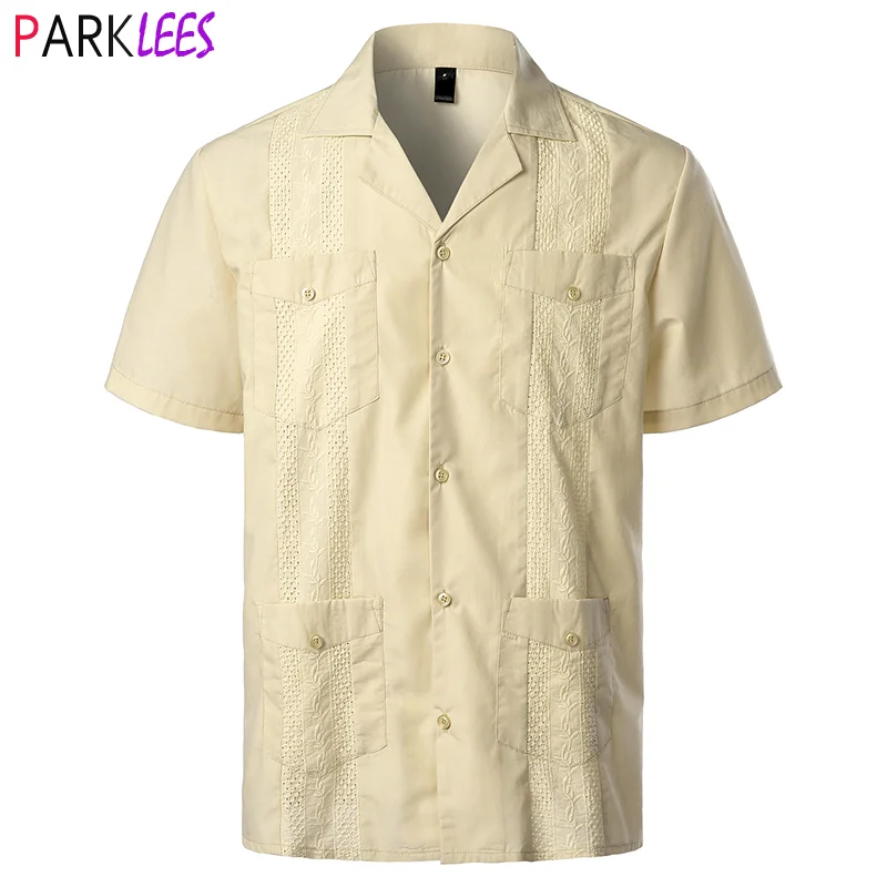 Men's Traditional Cuban Camp Collar Guayabera Shirt Short Sleeve Embroidered Mexican Caribbean Style Beach Shirt with 4 Pocket