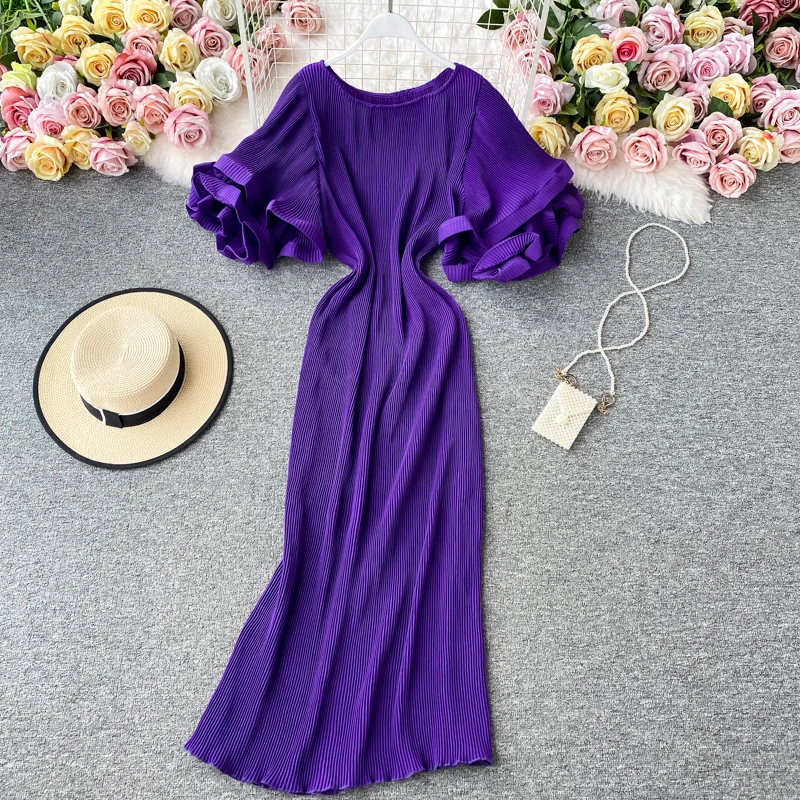 

Casual Round Neck Flare Short Sleeve Pleated Long Dress Vintage High Waist Ruffles Female Dresses New Fashion Robe Mujer 2022