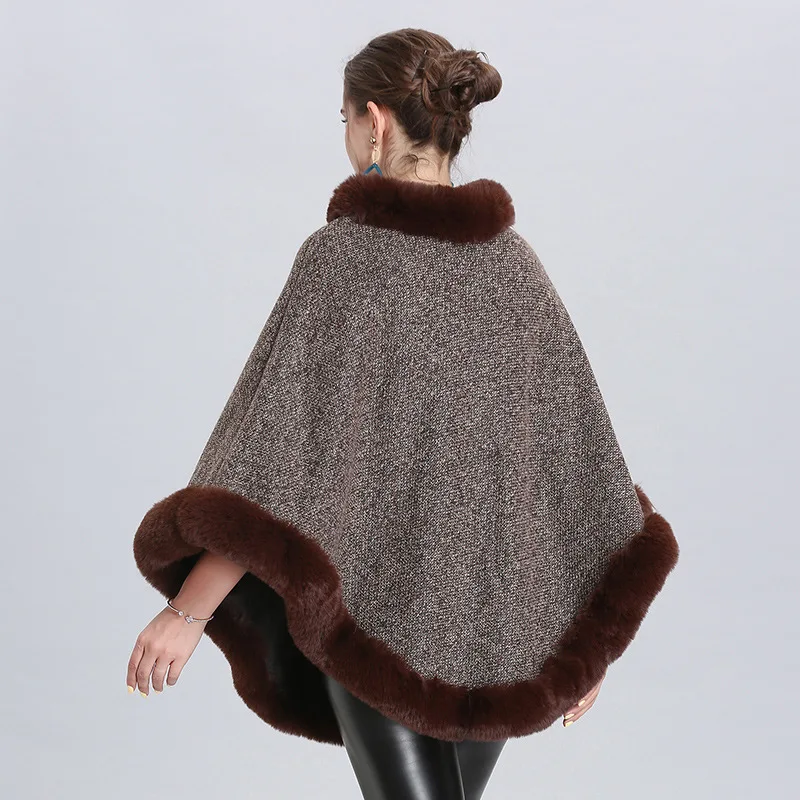 10 Colors Winter Velvet Warm Knitted O Neck Faux Fox Fur Poncho Shawl Women Capes Knitwear Plus Size Pullover Outstreet Overcoat