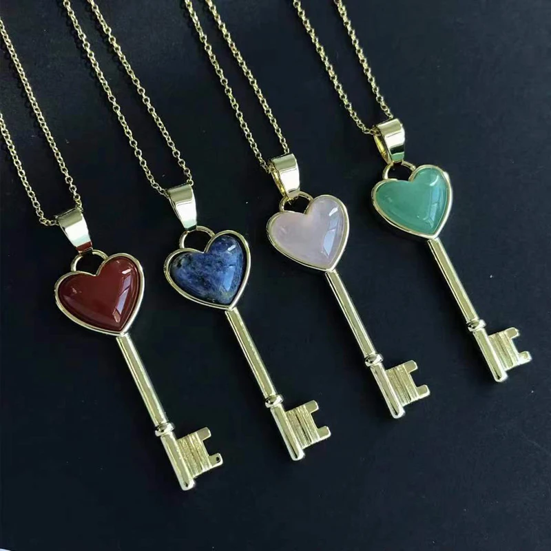 FFGems Natural Big Heart Key Gemstone Pendant Necklace Simple Yellow Gold Rose Green Red Women Fine Jewelry Party Wedding Gift