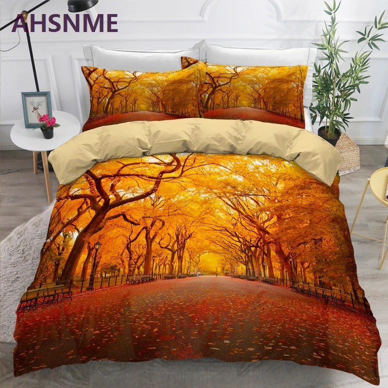 Imagem -02 - Ahsnme 3d Outono Floresta Profunda Cênica Conjunto de Cama Vermelho Quilt Cover com Fronha sem Folhas Consolador Conjuntos Cama Rainha Rei Tamanho