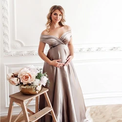 2021 Maternity Dresses for Photo Shoot  Baby Shower Grossesse VestidosSimple Off Shoulder Straight Skirt New Style Coffee