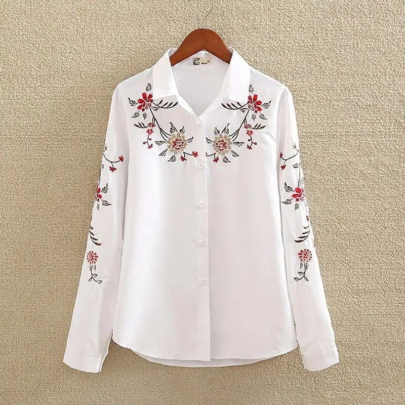 Embroidered Elegant Blouses Feminine Shirts Women Work Wear Long Sleeve White Shirt Vintage Chiffon Ladies Tops Casual 2023 New