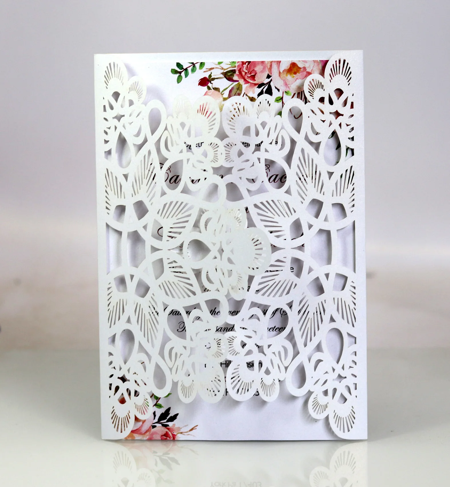 Tri-folding Laser Cut Hollow Flowers Invitations Cards Cover Pocket, Light Pink, Wedding, Birthday Party, 50Pcs