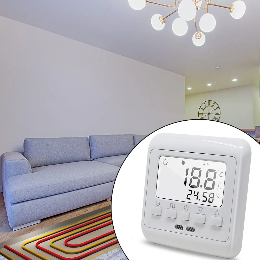 Floor Heating Thermostat Weekly Programmable Room Temperature Controller Regulator White LCD Backlight with NTC Sensor