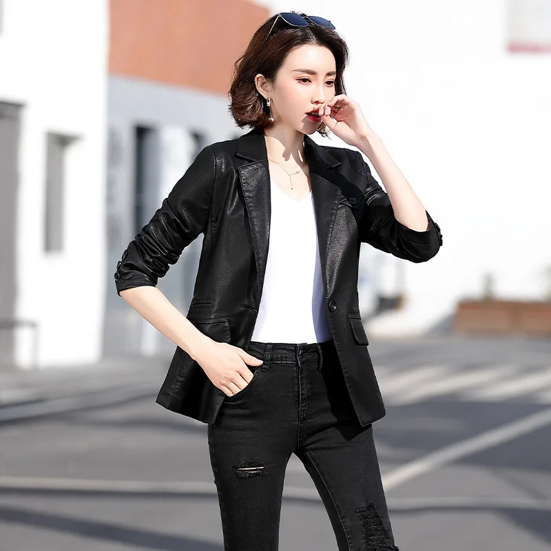 Fashion women\'s jacket spring and autumn new Korean style self-cultivation single button temperament small suit PU leather jacke