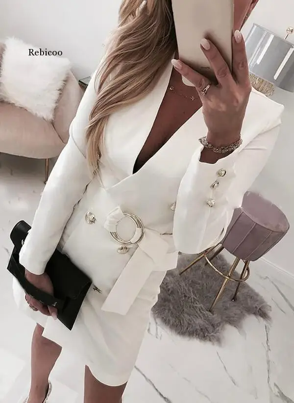 

Women Office Lady Mini Deep V-Neck Slim Dress Full Sleeve Dress Autumn Winter New White Shoulder Solid Color