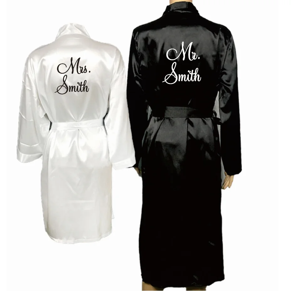 Personalized Mr. & Mrs. Satin Robe Set, monogrammed bride and groom robes, couples wedding robes engagement matching satin robes