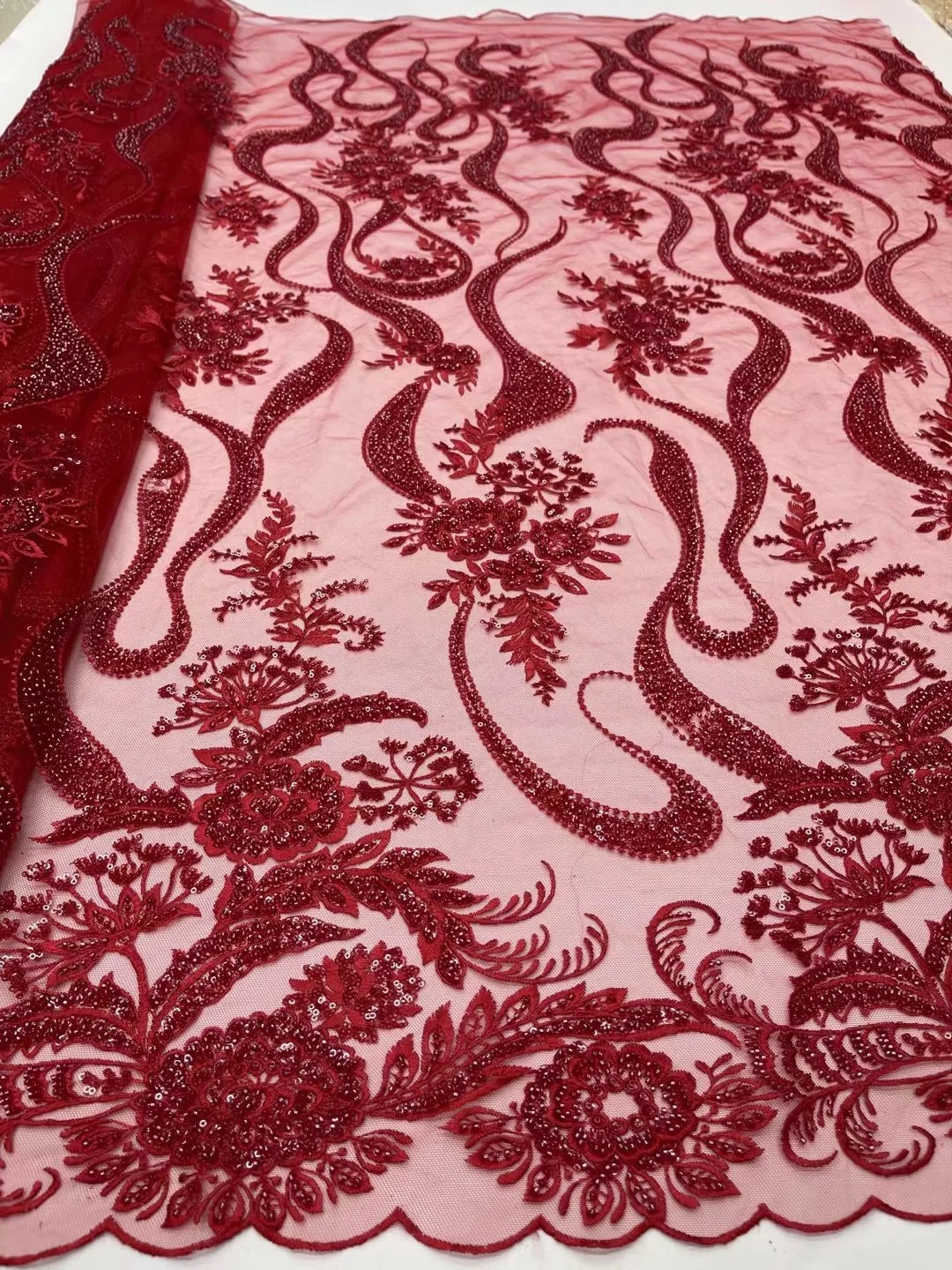 

Latest Wine African Bead Lace Fabric High Quality 2021 French Embroidery Nigerian Sewing Material Handcut Sequin Net Lace Fabric