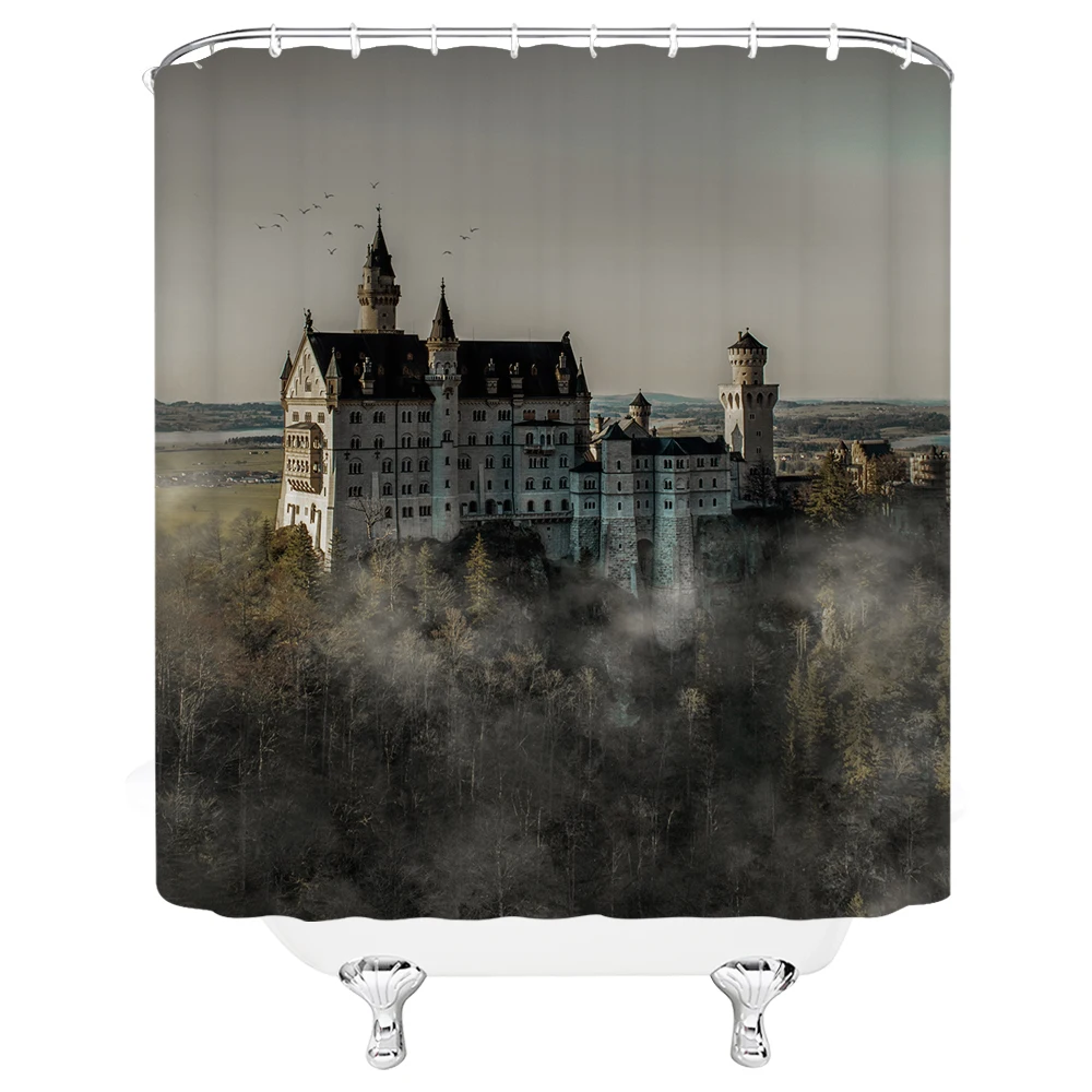 Landscape Shower Curtains Forest Ancient Castle Building Hazy Scenery Bathroom Decor Home Bath Polyester Fabric Curtain Set