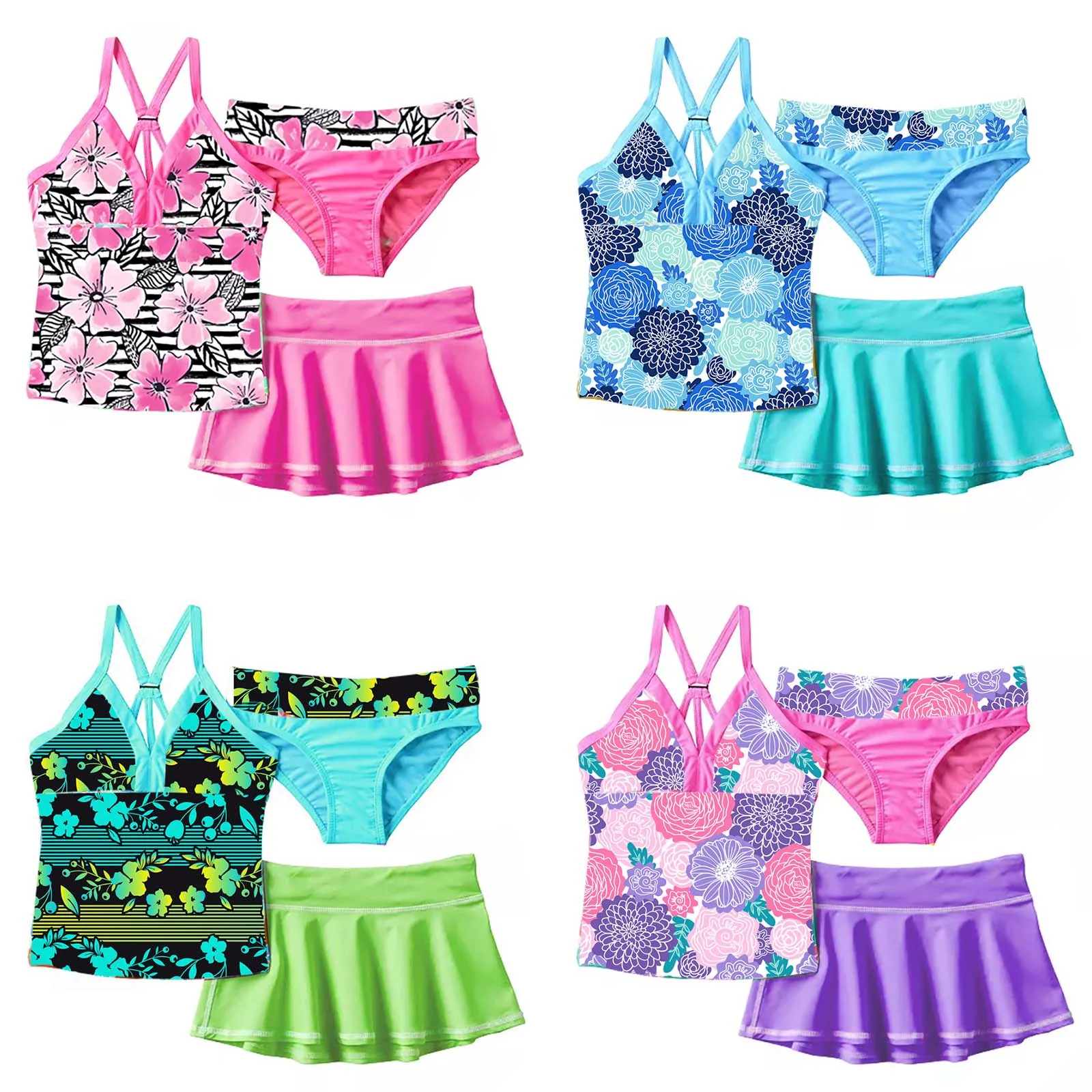 TiaoBug Summer 3Pcs Kid Girls Floral Print Swimsuit V Neck Straps Sleeveless Top With Skirt And Briefs Set Beach Pool Swimwear