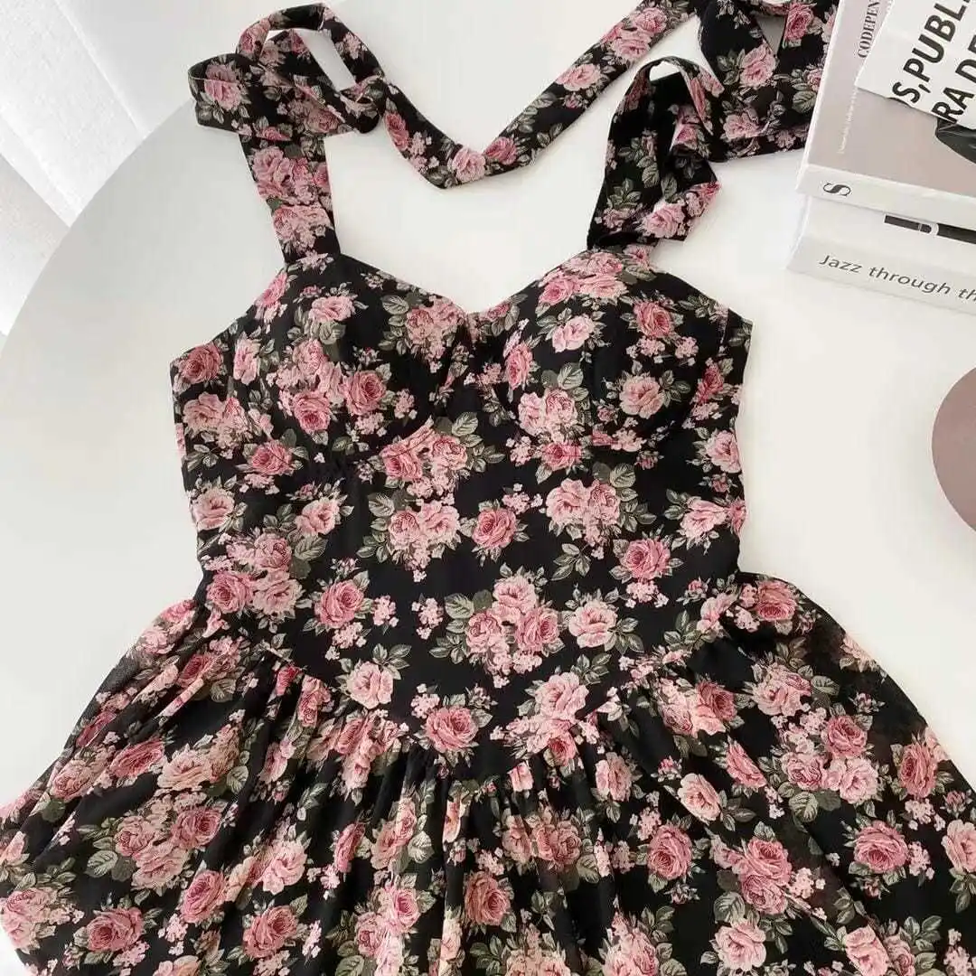 Sleeveless Dresses Women Retro Fit Floral Summer Casual Mini Slim High Street Vestidos Female Cute Ladies Ulzzang Daily Bow New