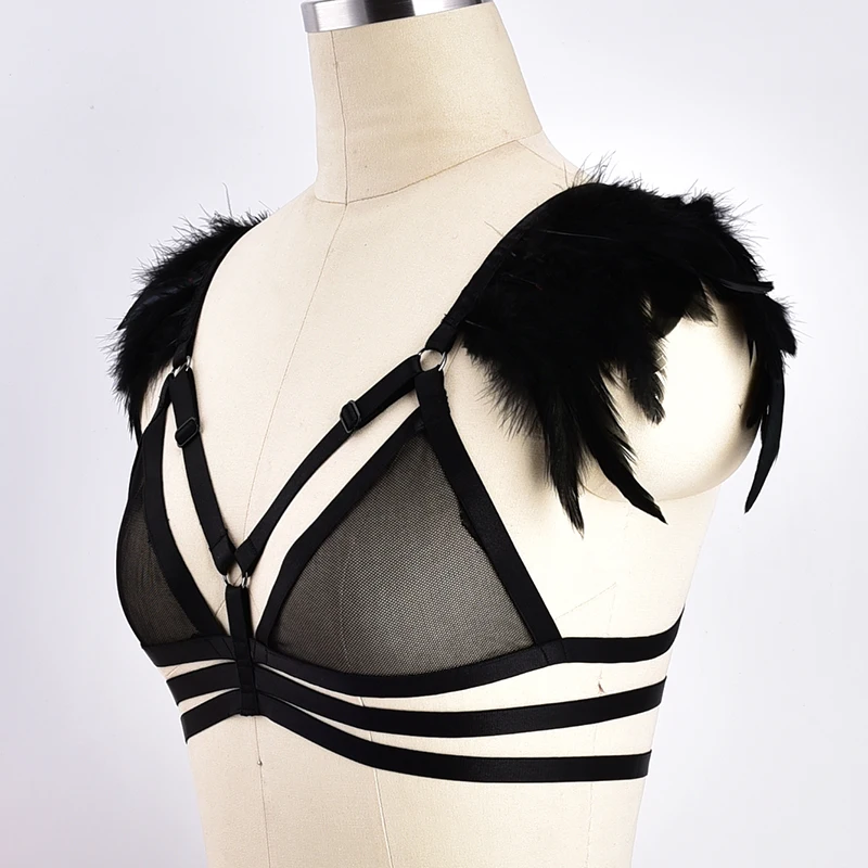 Black Gauze Feather Epaulets Harness Bra Angle Wing Top Cage Chest Lingerie Punk Pastel Gothic Burning Pole Dance Clothing