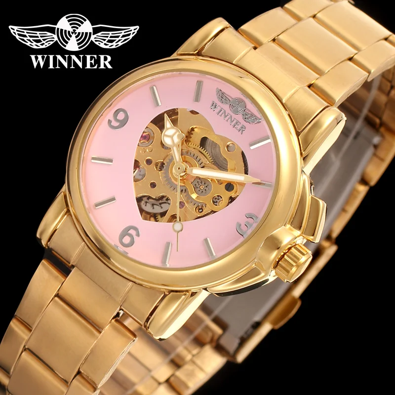 2021 marca winner relógio feminino luxo relógios de ouro moda design em forma de coração automático mecânico relógios de pulso senhoras reloj