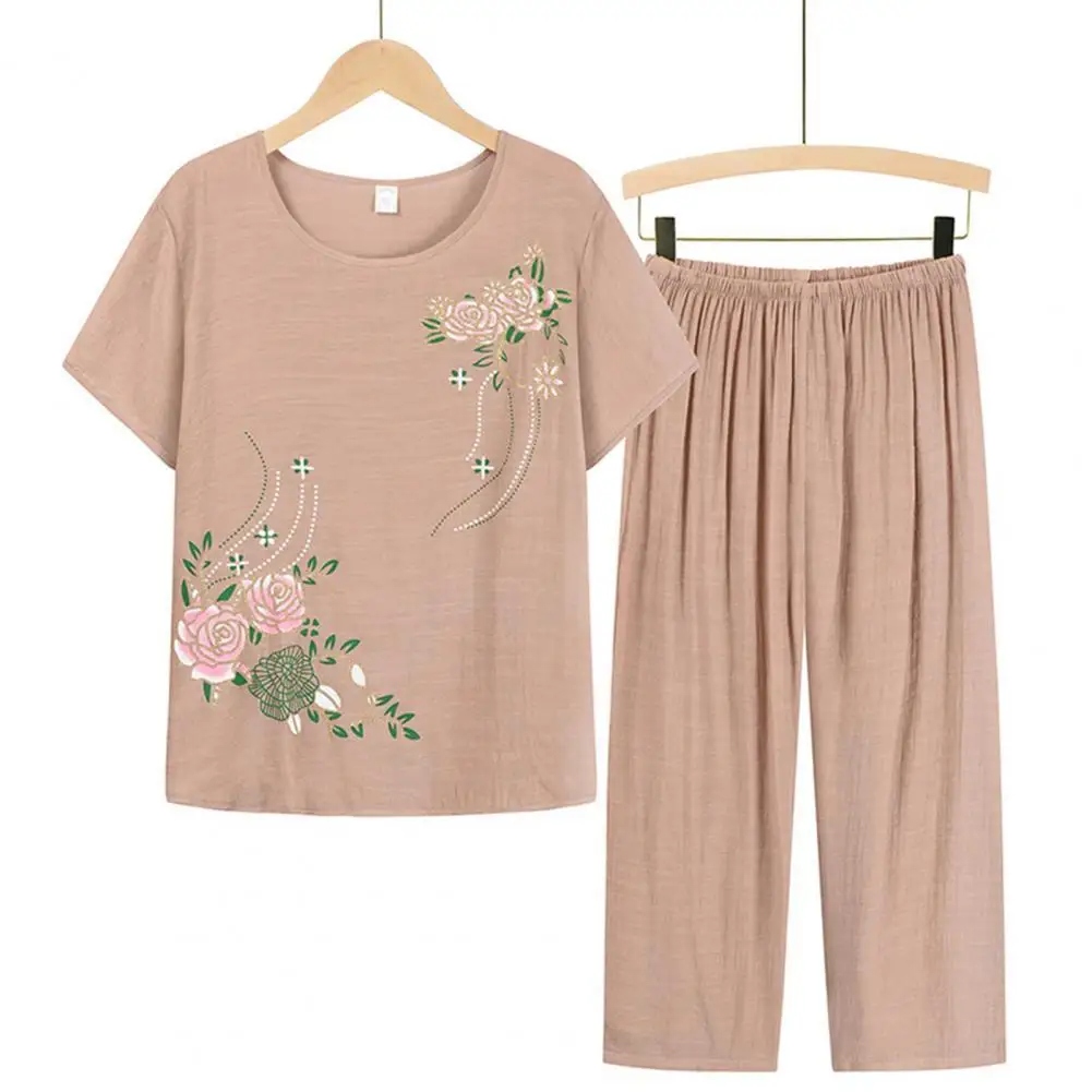 Summer Women Lounge Wear Set Short Sleeve Floral Print T-shirt Trousers Pants Loose Two Pieces Set Outfit Middle-aged Women Suit