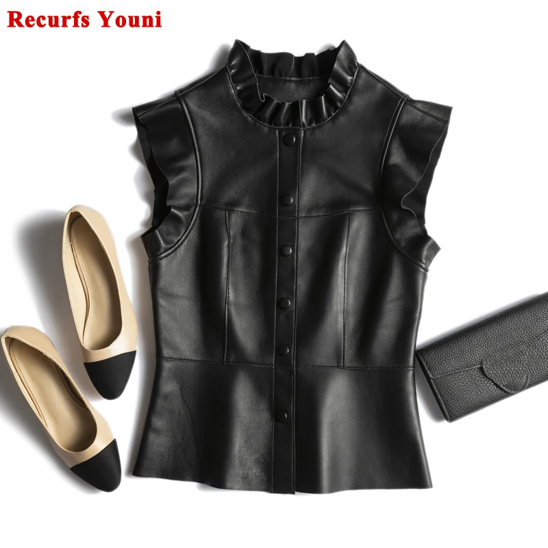 

Elegant Intellectual Ruffled Vest Women Femme 100% Leather Black Beige Slim Waistcoat Mujer Sweater Manteau Sleeveless Jacket