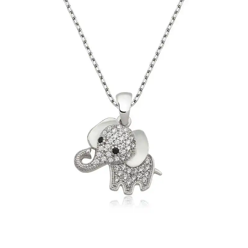 Silver Elephant Lady 'S Necklace Zircon Stone 925 Sterling Women Fine Jewelry Wedding Party Birthday Gift - Box - Pendant - Chain Choker - Female - Ladies - Fashion