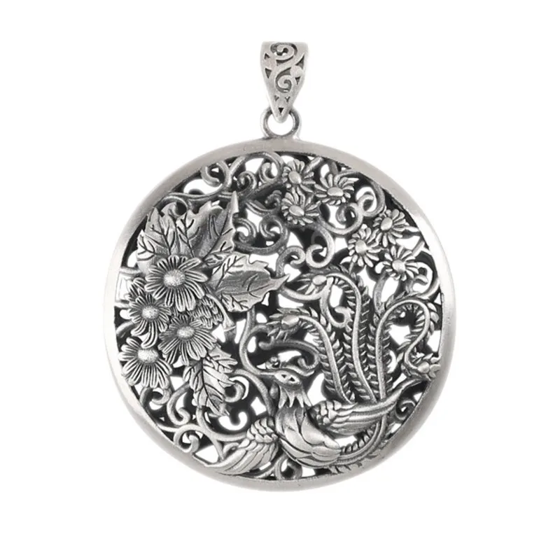 S990 Pure Silver Matte Three-Dimensional Embossed Blooming Rich Phoenix Retro Ethnic Style Sweater Chain Trendy Women's Pendant