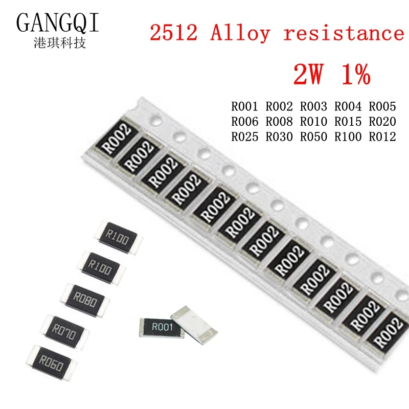 Bộ 50 Hợp Kim Chống 2512 2W R001 R002 R003 R004 R005 R006 R008 R010 R012 R015 R020 R025 R030 r050 1% Chip Điện Trở