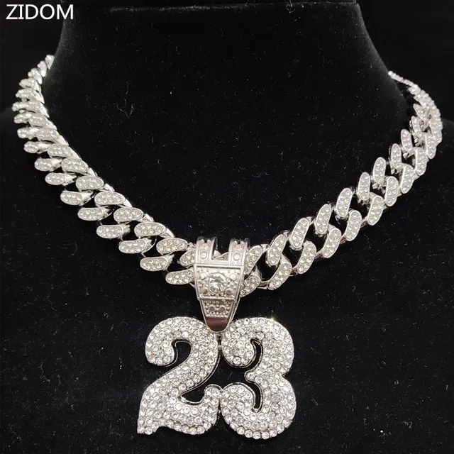 Mężczyźni Kobiety Hip Hop Numer 23 Naszyjnik z 13 mm kryształowym kubańskim łańcuchem HipHop Iced Out Bling Naszyjniki Moda Biżuteria z urokiem