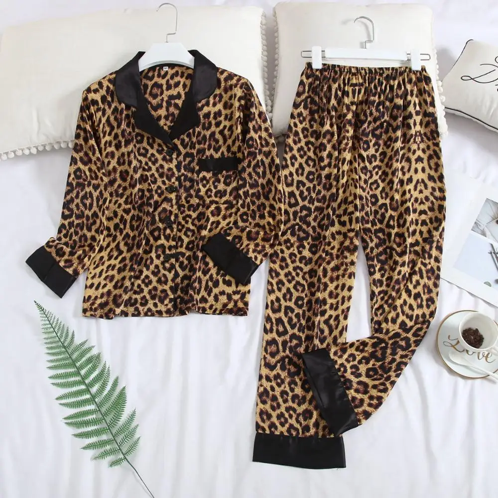 Sexy feminino leopardo cetim pijamas primavera outono impresso rayon feminino pijamas de manga longa casa terno duas peças conjunto nightwear