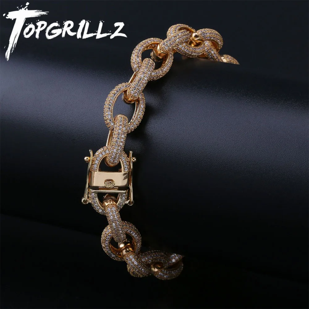 TOPGRILLZ 12mm Mens Charm Link Iced Out Cubic Zirconia Hip Hop Gold Silver Color Bracelets