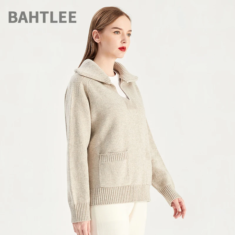 BAHTLEE-Women\'s Wool Sweater, Long Sleeves, Turn Down Collar, Knitted Jumper, Thick Pullovers with Pockets, Loose , Winter