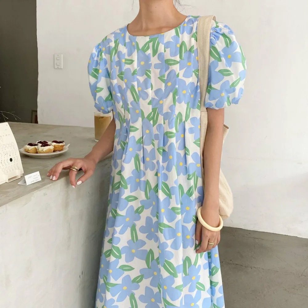 2021 Women Summer Round Collar Folds Long Floral Dress Puff Sleeve Slim Waist A-line Midi Sundress